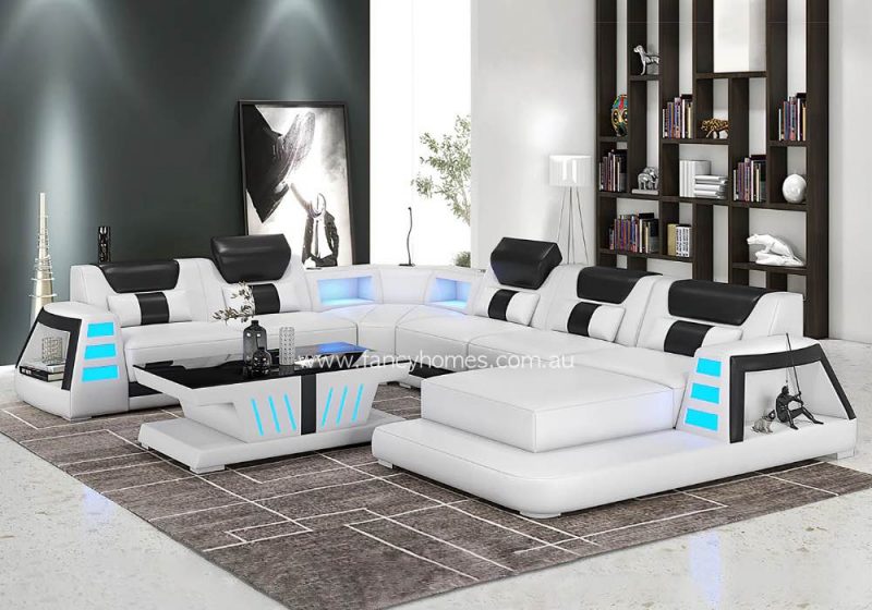 Fancy Homes Nexso Modular Leather Sofa Pure White and Black With Chaise and Blue Lighting and Bluetooth Speaker and USB Lighting