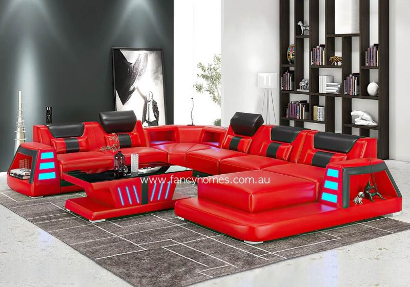 Fancy Homes Nexso Modular Leather Sofa Red and Black With Chaise and Blue Lighting and Bluetooth Speaker and USB Lighting