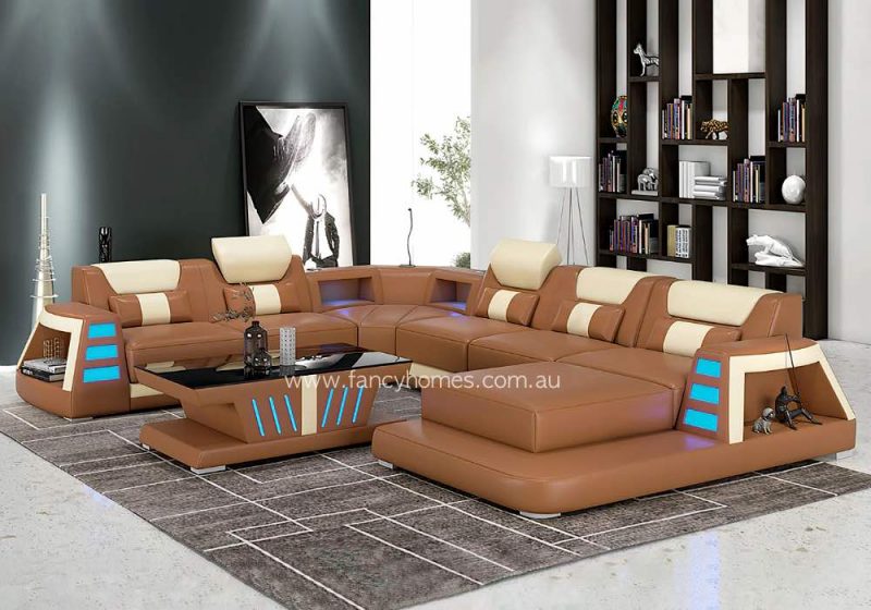 Fancy Homes Nexso Modular Leather Sofa Tan and Cream With Chaise and Blue Lighting and Bluetooth Speaker and USB Lighting