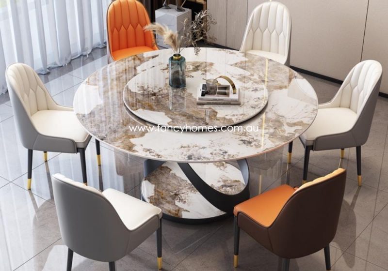 Fancy Homes Florian Round Sintered Stone Dining Table with Lazy Susan Black Base Pandora Top