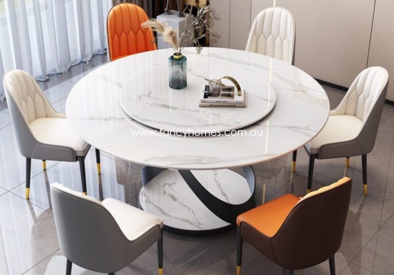 Fancy Homes Florian Round Sintered Stone Dining Table with Lazy Susan White Top