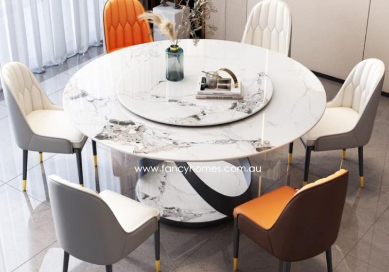 Fancy Homes Florian Sintered Stone Round Dining Table Black Base Grey and White Top