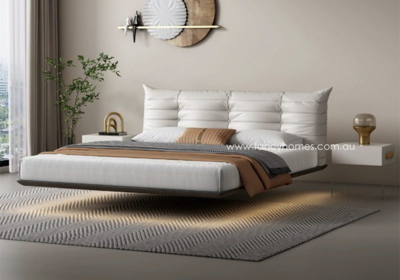 Fancy Homes Alyssa Contemporary Leather Bed Frame Floating Style with Ambient Lighting Off White