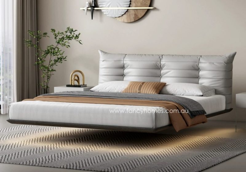 Fancy Homes Alyssa Contemporary Leather Bed Frame Floating Style with Ambient Lighting Light Grey Colour Bed