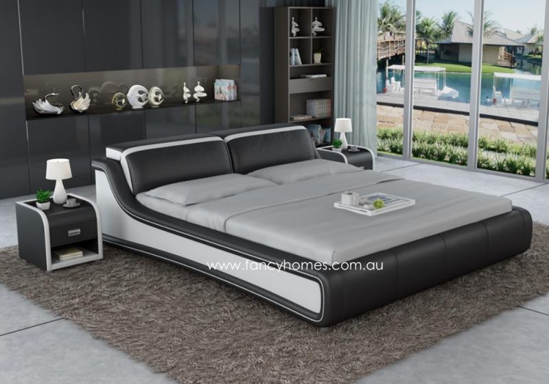 Fancy Homes Tuscan Contemporary Leather Bed Frame Leather Beds Online Black and Pure White with Adjustable Headrests