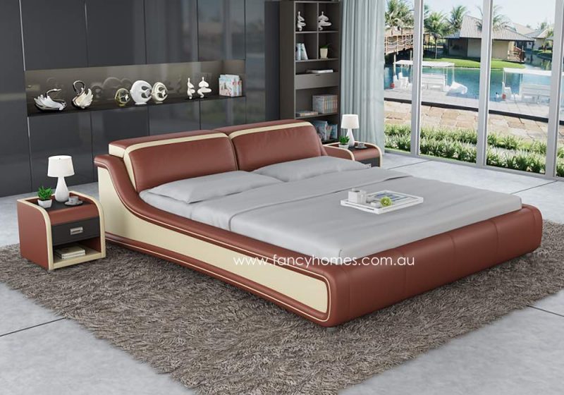 Fancy Homes Tuscan Contemporary Leather Bed Frame with Adjustable Headrests Leather Beds Online Bronze Red and Cream