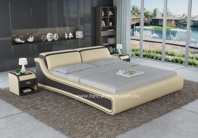 Fancy Homes Tuscan Contemporary Leather Bed Frame Leather Beds Online with Adjustable Headrests Cream and Dark Brown Colour