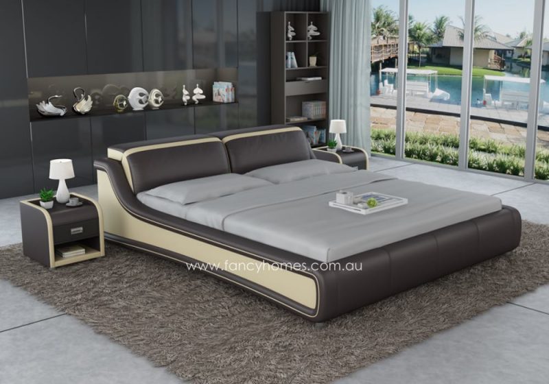 Fancy Homes Tuscan Contemporary Leather Bed Frame Leather Beds Online with Adjustable Headrests Dark Brown and Cream Colour