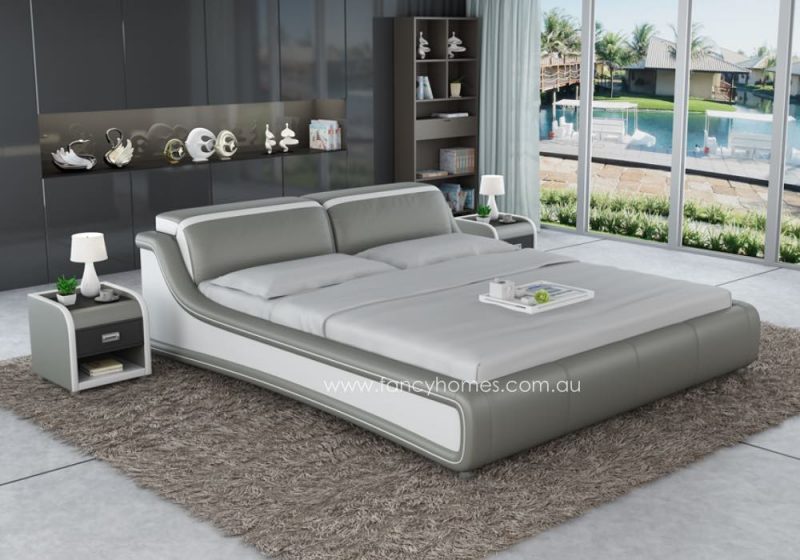 Fancy Homes Tuscan Contemporary Leather Bed Frame Leather Beds Online with Adjustable Headrests Light Grey and Pure White