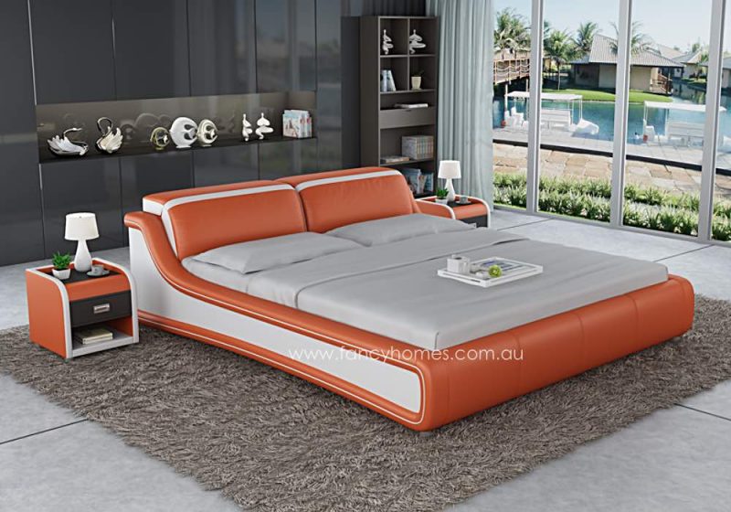 Fancy Homes Tuscan Contemporary Leather Bed Frame Leather Beds Online with Adjustable Headrests Orange and Pure White