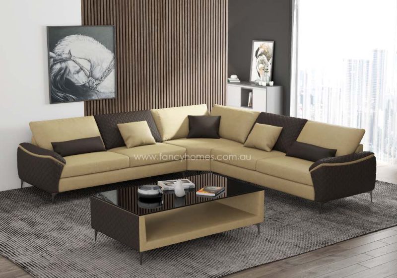 Fancy Homes Catiana-B Contemporary Corner Leather Sofa Cream and Dark Brown