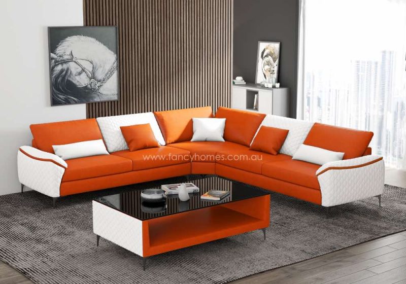 Fancy Homes Catiana-B Contemporary Corner Leather Sofa Orange and Pure White