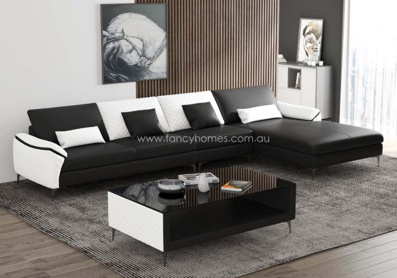 Fancy Homes Catiana-C Contemporary Chaise Leather Sofa Black and Pure White