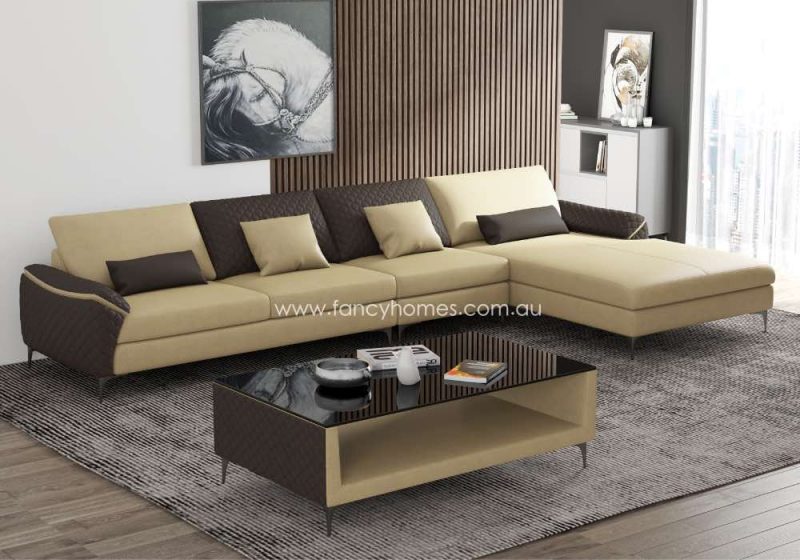 Fancy Homes Catiana-C Contemporary Chaise Leather Sofa Cream and Dark Brown