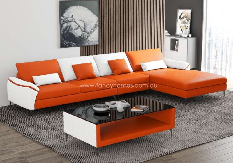 Fancy Homes Catiana-C Contemporary Chaise Leather Sofa Orange and Pure White