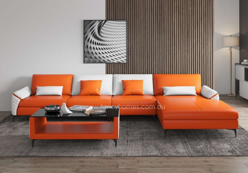 Fancy Homes Catiana-C Contemporary Chaise Leather Sofa Orange and Pure White Front