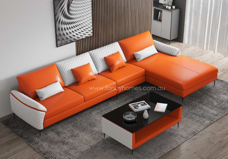 Fancy Homes Catiana-C Contemporary Chaise Leather Sofa Orange and Pure White Top