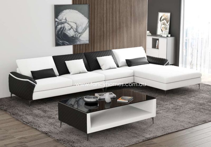 Fancy Homes Catiana-C Contemporary Chaise Leather Sofa Pure White and Black