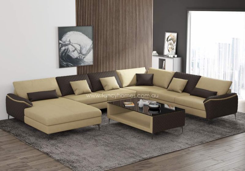 Fancy Homes Catiana Contemporary Modular Leather Sofa Beige and Dark Brown