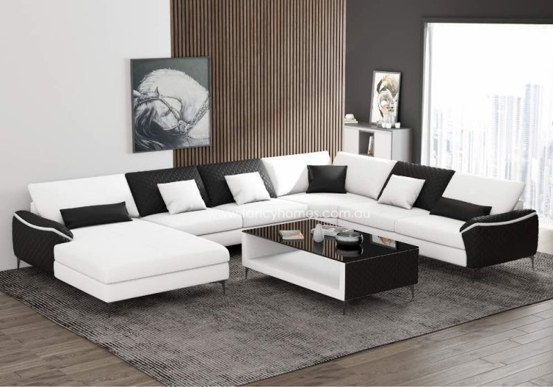 Fancy Homes Catiana Contemporary Modular Leather Sofa Pure White and Black