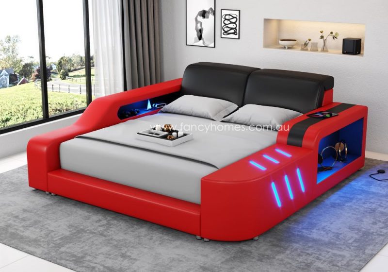 Fancy Homes Marvic Multi-media Leather Bed Frame Leather Bed Online with LED lighting Black and Red