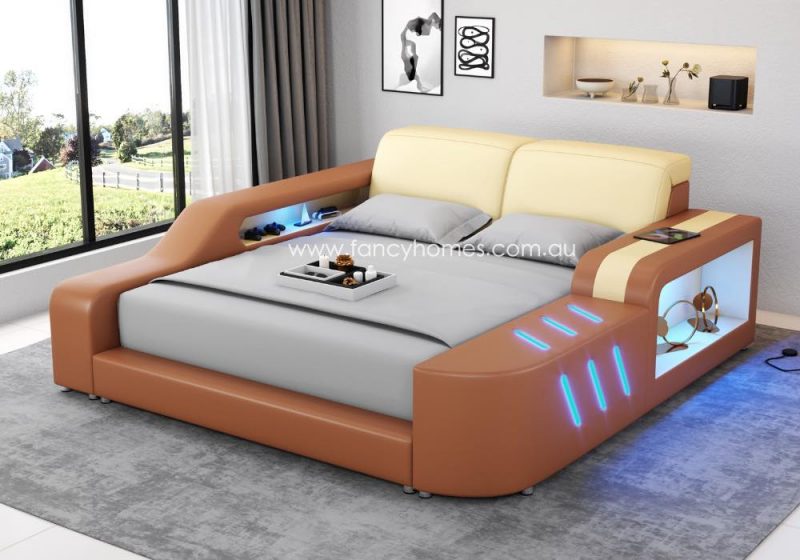 Fancy Homes Marvic Multi-media Leather Bed Frame Leather Beds Online with LED Lighting Cream and Bronze Red
