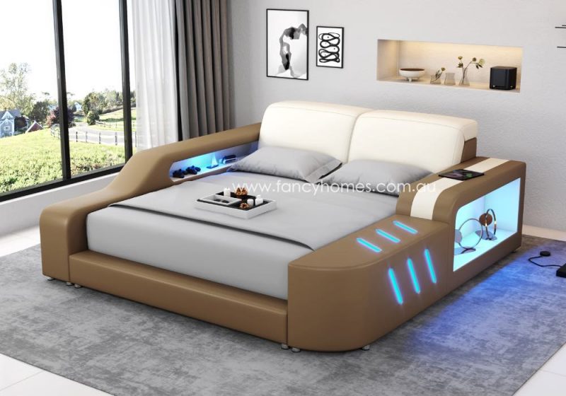 Fancy Homes Marvic Multi-media Leather Bed Frame Leather Beds Online with LED Lighting Off White and Tan
