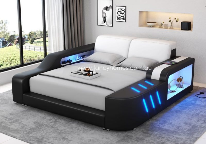 Fancy Homes Marvic Multi-media Leather Bed Frame Leather Beds Online with LED Lighting Pure White and Black