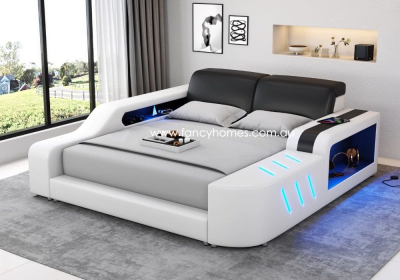 Fancy Homes Marvic Multi-media Leather Bed Frame Leather Bed Online with LED Lighting Black and Pure White