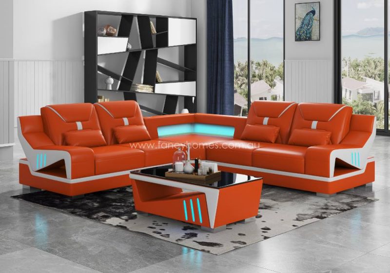 Fancy Homes Zelda-B Corner Leather Sofa with LED Lighting Orange and Pure White