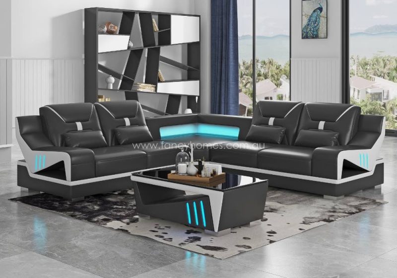 Fancy Homes Zelda-B Corner Leather Sofa with LED Lighting Black and Pure White