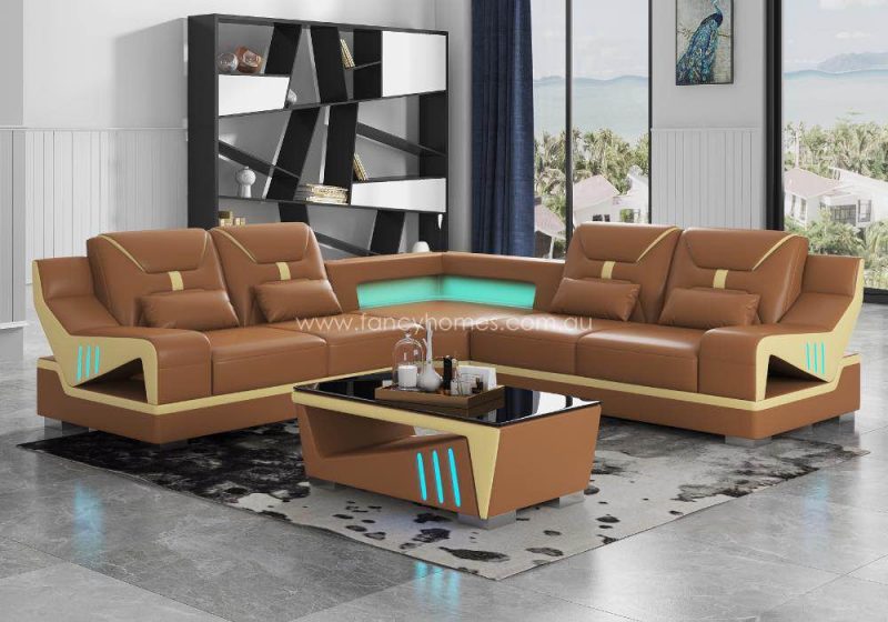 Fancy Homes Zelda-B Corner Leather Sofa with LED Lighting Bronze Red and Cream