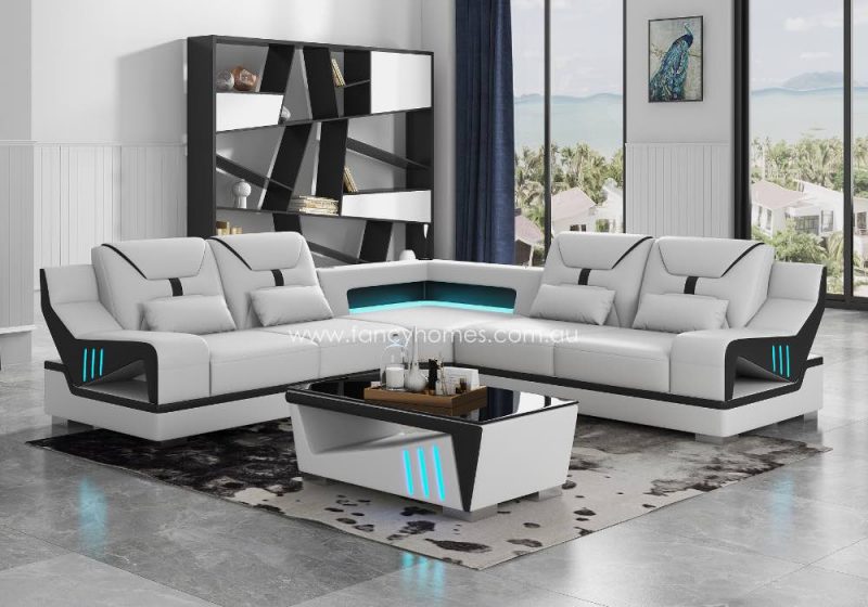 Fancy Homes Zelda-B Corner Leather Sofa with LED Lighting Pure White and Black