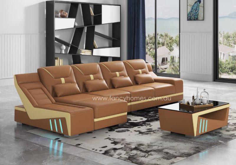 Fancy Homes Zelda-C Chaise Leather Sofa with LED Lighting Bronze and Cream