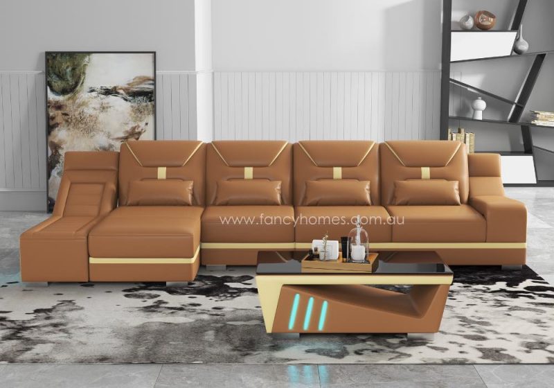 Fancy Homes Zelda-C Chaise Leather Sofa with LED Lighting Bronze and Cream Front