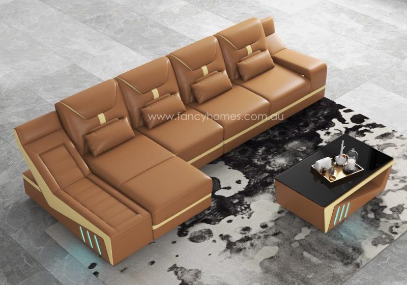 Fancy Homes Zelda-C Chaise Leather Sofa with LED Lighting Bronze and Cream Top