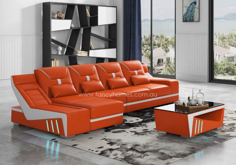 Fancy Homes Zelda-C Chaise Leather Sofa with LED Lighting Orange and Pure White