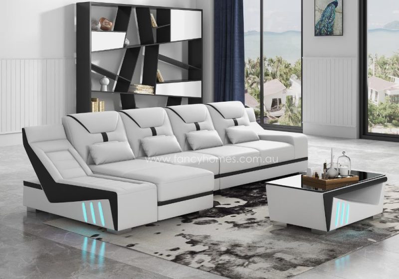 Fancy Homes Zelda-C Chaise Leather Sofa with LED Lighting Pure White and Black