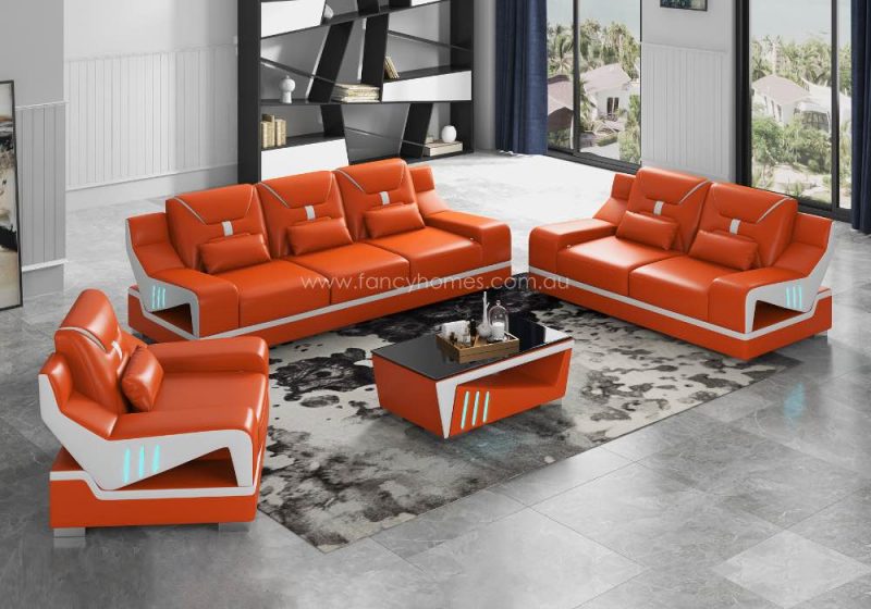 Fancy Homes Zelda-D Lounges Suites Leather Sofa with LED Lighting Orange and Pure White