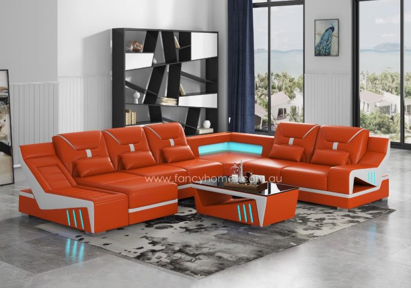 Fancy Homes Zelda Modular Leather Sofa with LED Lighting Orange and Pure White