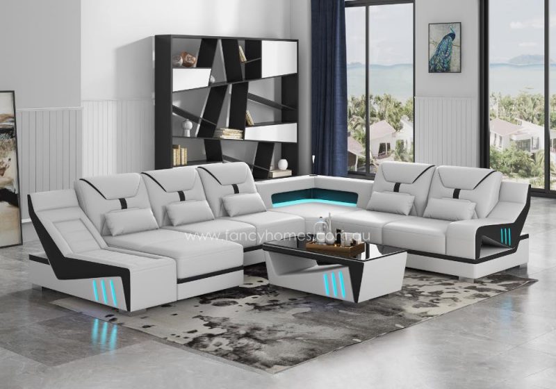 Fancy Homes Zelda Modular Leather Sofa with LED Lighting Pure White and Black