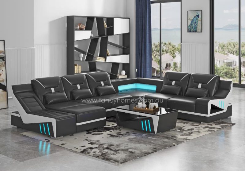 Fancy Homes Zelda Modular Leather Sofa with LED Lighting Black and Pure White