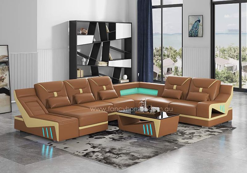 Fancy Homes Zelda Modular Leather Sofa with LED Lighting Bronze Red and Cream