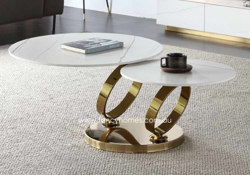 Fancy Homes Tutti Swivel Sintered Stone Coffee Table Gold Base Front