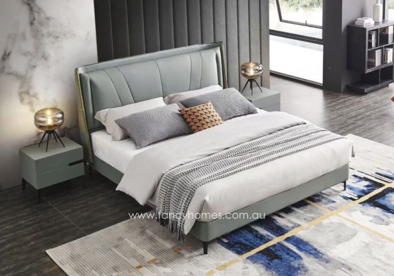 Fancy Homes Jocelyn Contemporary Leather Bed Frame Leather Beds Online with Golden Trims