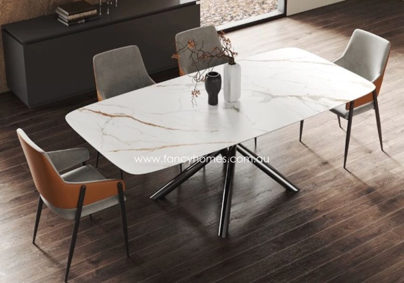 Fancy Homes Ballari Sintered Stone Dining Table, Tables with White Grey and Gold Top Calacatta Gold