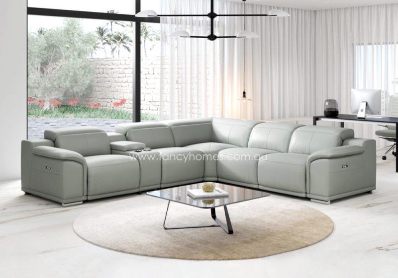 Fancy Homes Hogan Recliner Corner Leather Sofa Contemporary Style Recliner Sofa Fully Customisable Recliner Sofa Light Grey Colour