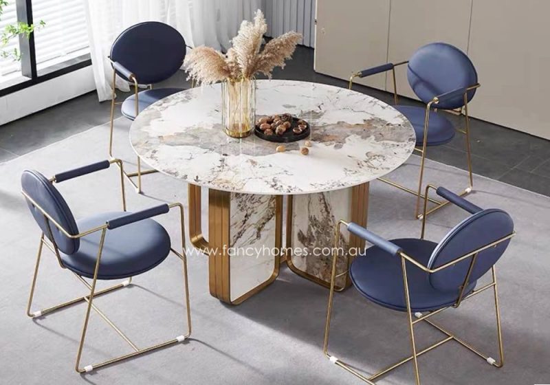 Fancy Homes Ivy Round Sintered Stone Dining Table Gold Base is Fully Customisable in Size and Sintered Stone Colour