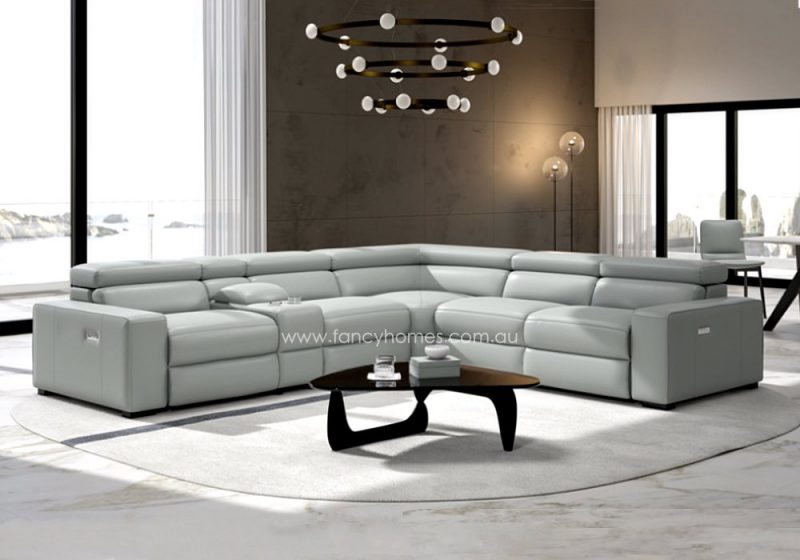 Fancy Homes Lorenzo Recliner Corner Leather Sofa Contemporary Style Recliner Sofa Fully Customisable Recliner Sofa Light Grey Colour