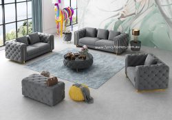 Fancy Homes Damien Lounges Suites Fabric Sofa Grey Velvet Gold Legs Button Tufted Sofa Chesterfield Style